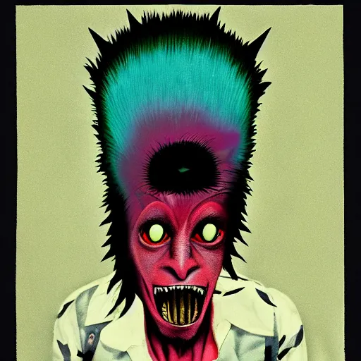 Image similar to a punk rock rapper alien with black spiked hair enraged, an airbrush painting by Jamie Hewlett, cgsociety, symbolism, antichrist, aesthetic, 8k