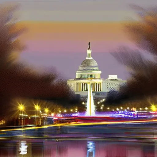 Prompt: hyper realistic painting of washington dc at night