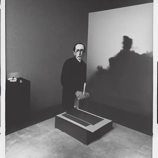 Image similar to underexposed photo of Marcel Duchamp in a minimal room with an ancient machine, tri-x, archival pigment print in the style of Hito Steyerl and Trevor Paglen, contemporary art