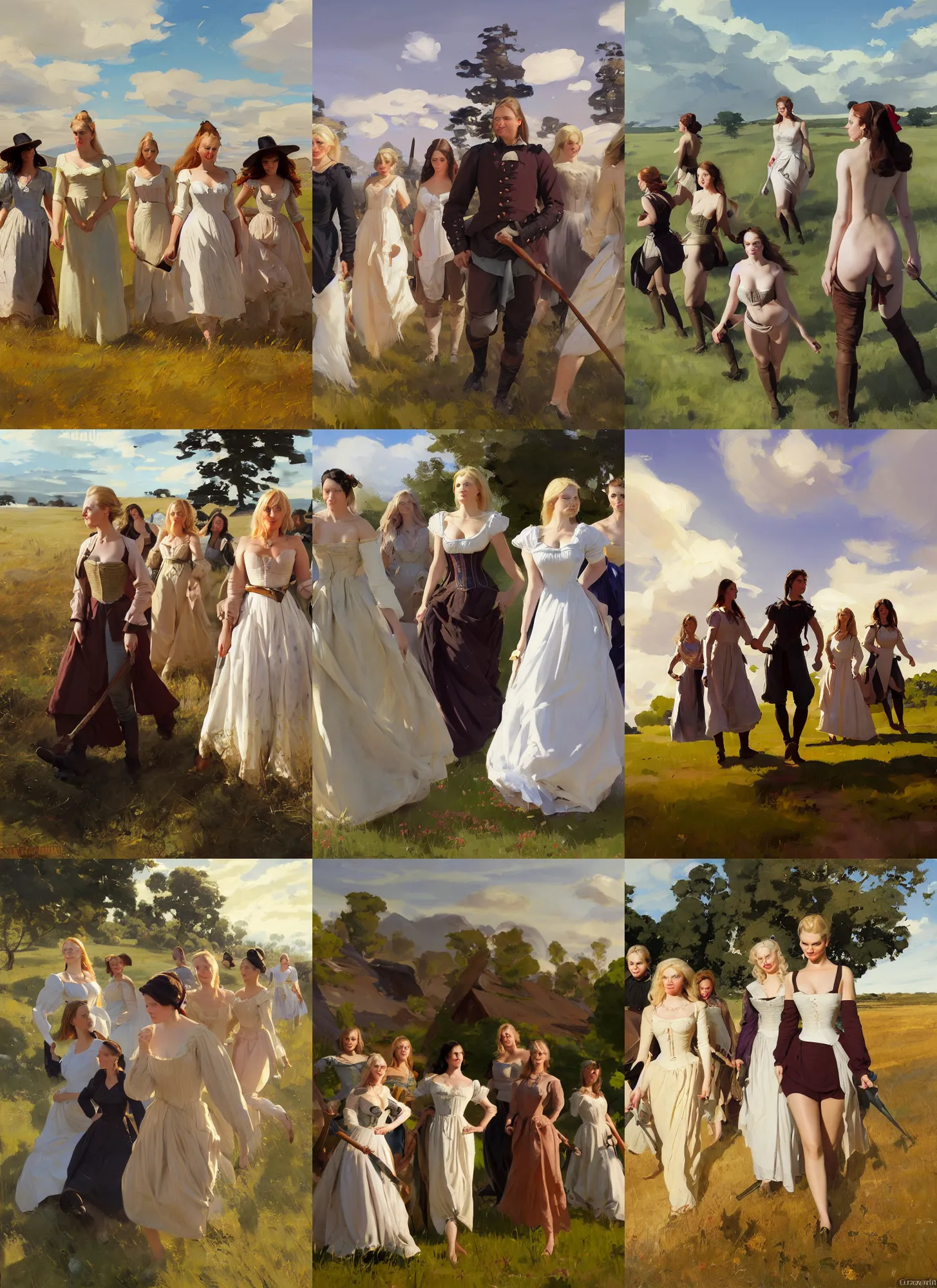 Prompt: group of finnish norwegian swedish scandinavian attractive glamour models wearing 1 7 th century bodice with low neckline walking in the field in a sunny day, jodhpurs greg manchess painting by sargent and leyendecker, studio ghibli fantasy medium shot asymmetrical intricate elegant matte painting illustration hearthstone, by greg rutkowski by greg tocchini by james gilleard