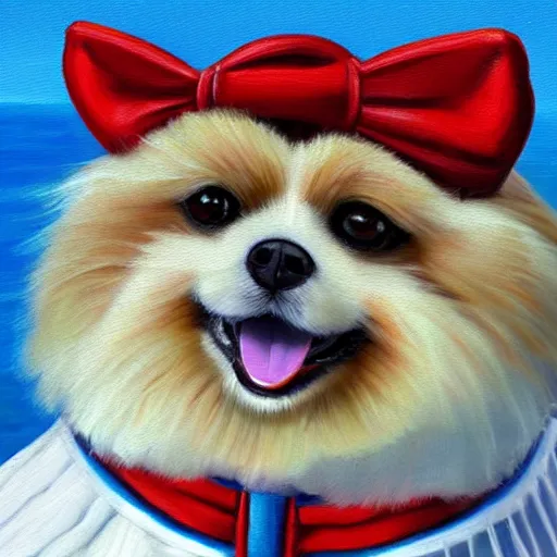 Image similar to anthromorphic fluffy pomeranian dog dressed in sailor suit, detailed 4 k oil painting