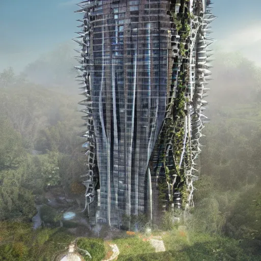 Prompt: realistic image of a vertical city built around a single tower in the middle of a forest, and behind walls meant to keep out giant monsters