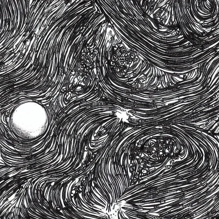 Prompt: a distant planet orbiting the sun, black and white, botanical illustration, black ink on white paper, bold lines