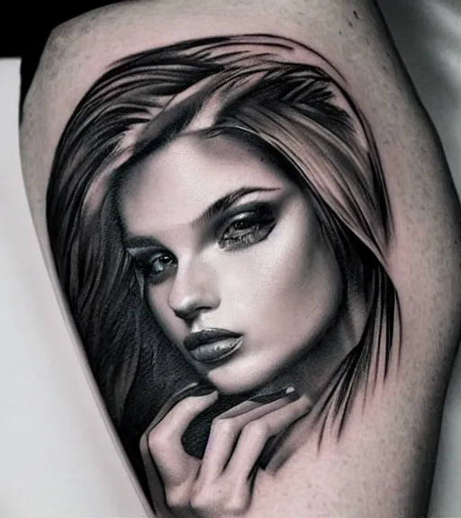 Image similar to tattoo design sketch of a very beautiful woman face against a background of beautiful mountains and nature, hyper - realistic, in the style of den yakovlev, amazing detail, black and white