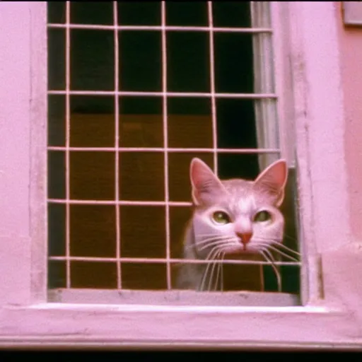 Image similar to cat looking to the window, movie frame by wes anderson.