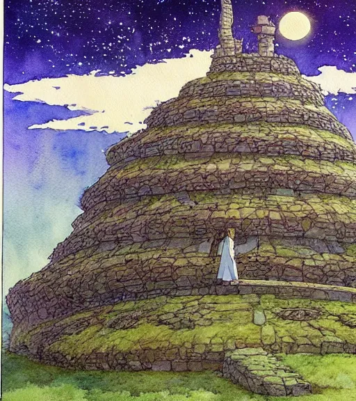 Image similar to hyperrealist studio ghibli watercolor fantasy concept art of an immense earthship solar home from howl's moving castle sitting on stonehenge like a stool. it is a misty starry night. by rebecca guay, michael kaluta, charles vess