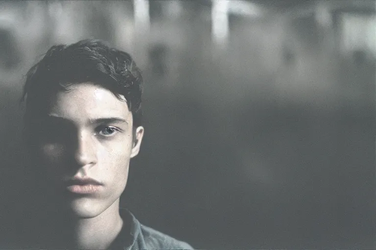 Image similar to a cinematic!! headshot photograph!! of a male, stood in a factory, dirt, film still, cinematic lighting, by bill henson