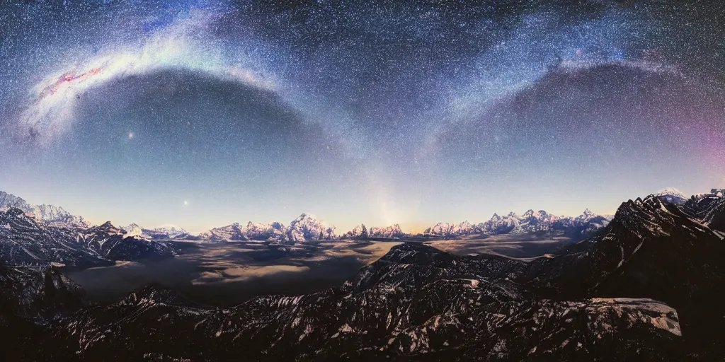 Prompt: Galaxy arch, the foreground is snowy mountains and lakes, in the style of National Geographic magazine