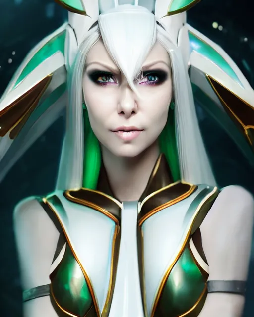 Prompt: perfect white haired attractive egyptian goddess, warframe armor, beautiful, symmetric, dreamy, half asian, pretty face, green eyes, charlize theron, detailed, scifi platform, laboratory, experiment, 4 k, ultra realistic, epic lighting, android body, illuminated, cinematic, masterpiece, art by akihito tsukushi, voidstar