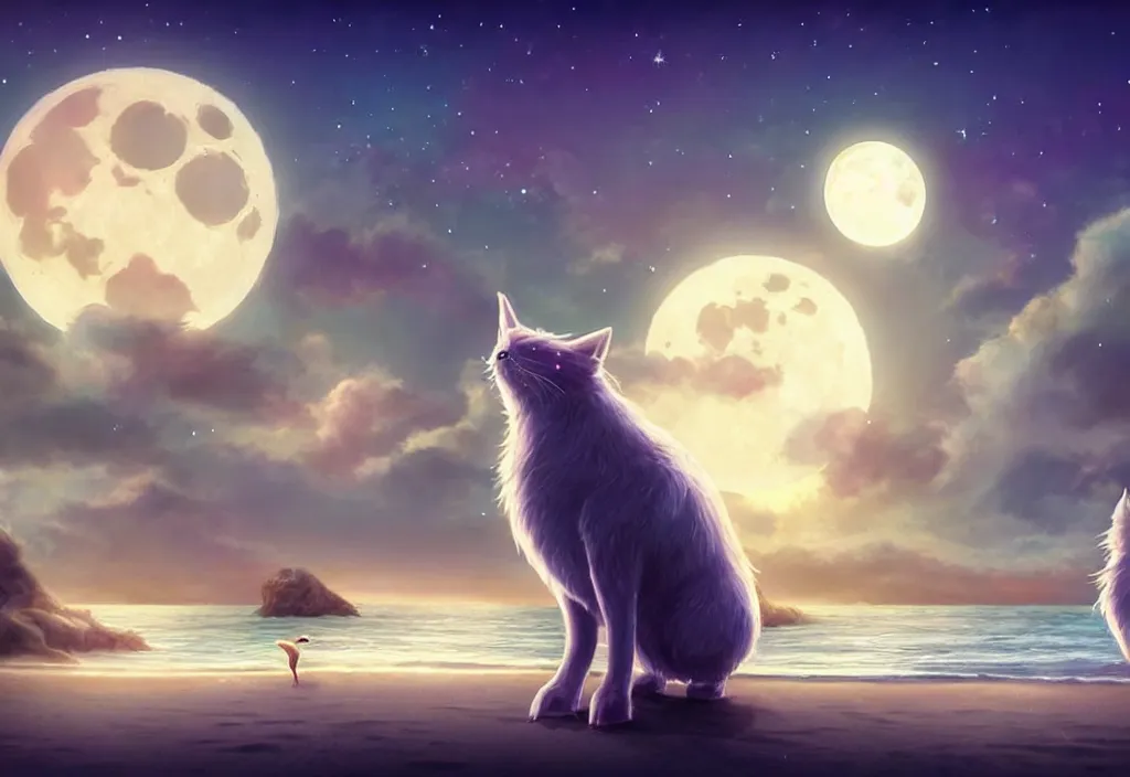 Image similar to cute magical fantasy animals at a beach looking at the moon, ultra realistic, concept art, highly detailed