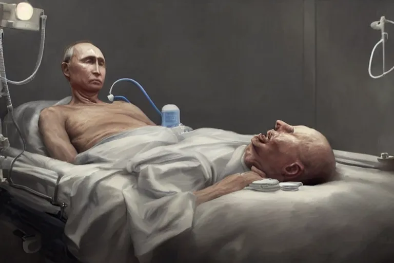 Image similar to hyperrealistic oil painting of very ill Vladimir Putin as a patient wearing an oxygen mask on a death bed inhaling from Copium tank that stand near his bed, detailed face, artstation, matte painting, highly detailed, intricate, concept art, dramatic cinematic lighting, octane render, 8k, unreal engine