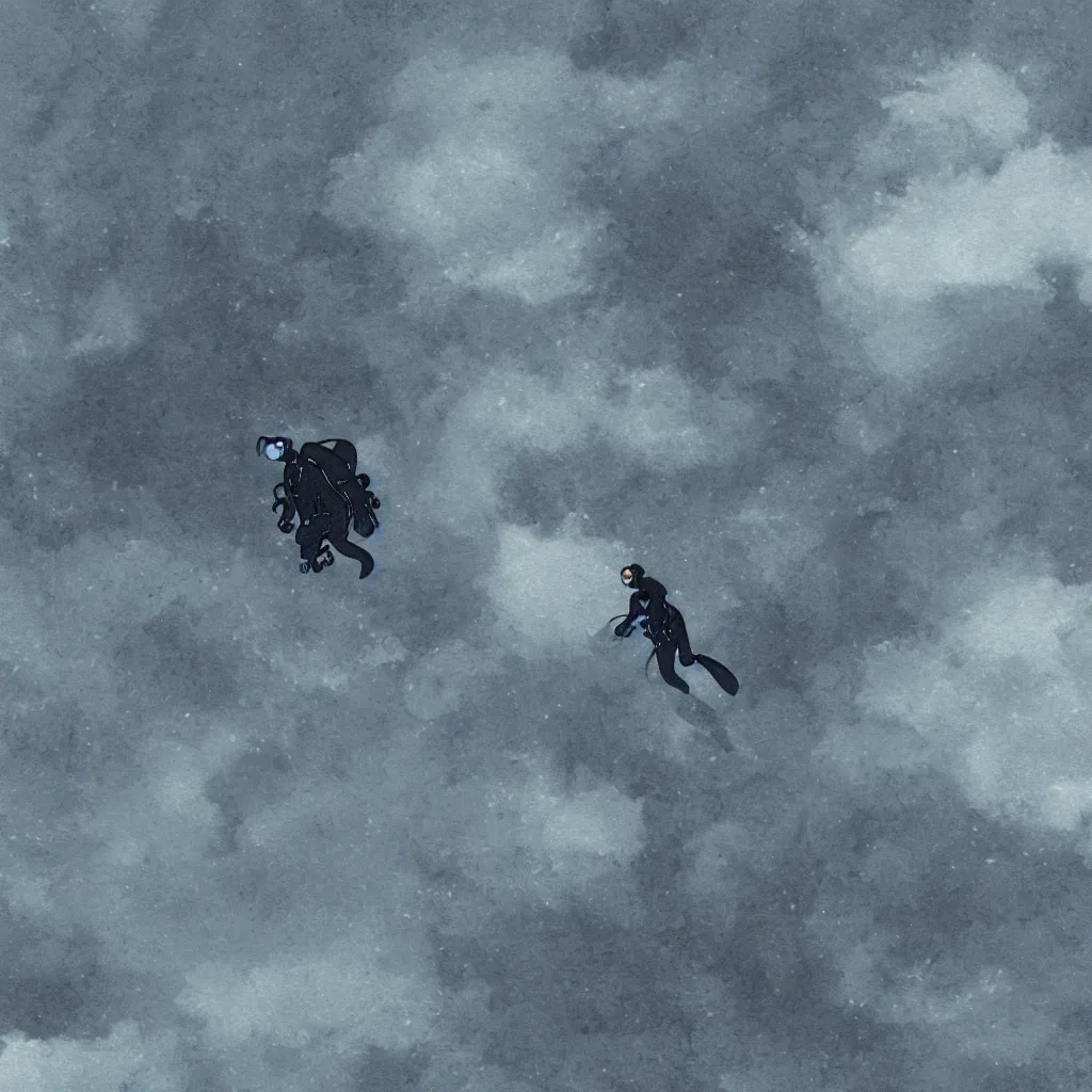 Image similar to a single scubadiver floating above the clouds, closeup, digital drawing