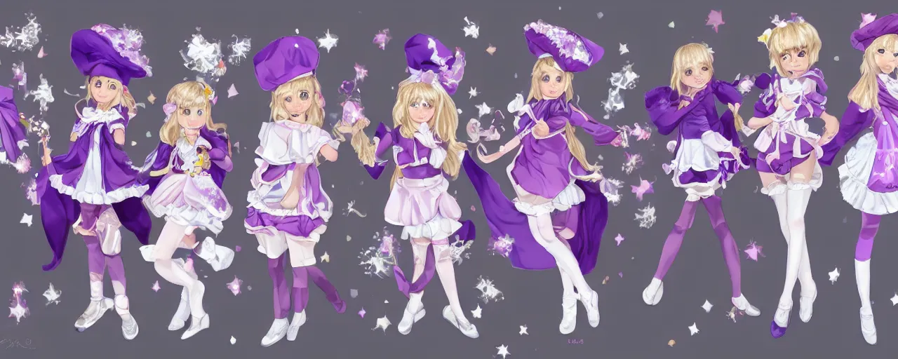 Prompt: A character sheet of full body cute magical girls with short blond hair wearing an oversized purple Beret, A purple and white dress uniform, Short Puffy pants made of silk, a fluffly petticoat, pointy jester shoes, a big billowy scarf, Golden Ribbon, and white leggings Covered in stars. Short Hair. Sunlit. Haute Couture.Art by william-adolphe bouguereau and Paul Delaroche and Alexandre Cabanel and Lawrence Alma-Tadema. Smooth. Elegant. Highly Detailed. Intricate. 4K. UHD. Denoise.