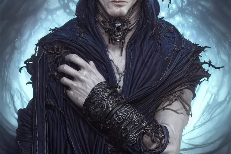 Prompt: ultrarealistic male mage dark blight infected face portrait fighting, long black hair blue eyes wearing leather mantle gothic navy cloak with leather details, infected skull plants, octane render, extreme intricate details, elegant, cinematic lighting, highly detailed, dnd fantasy character art, cgsociety, sharp focus, beautiful digital painting by artgerm, gerald brom, wlop, alphonse mucha