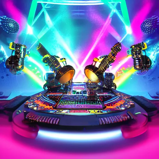 Prompt: album art, the band name is roborock, energetic trance music, band with 3 steampunk robots on a dj desk with a cd mixer, 8 k, flourescent colors, halluzinogenic, multicolored, exaggerated detailed, front shot, 3 d render, octane