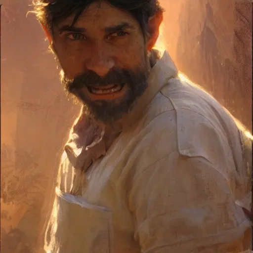 Image similar to detailed cinematic wide shot of short man with recessed chin chantalt tilt weak jawline and bug eyes dirty round face poor clothes smooth, highly detailed sharp focus, photorealistic, ultra realistic, spring light, painting by gaston bussiere, craig mullins, j. c. leyendecker