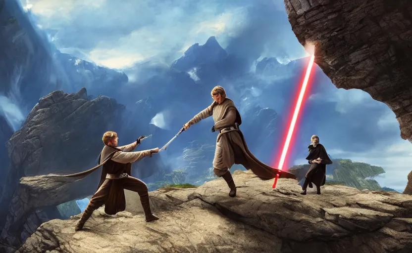 Image similar to anakin skywalker and obi wan kenobi engaging in an epic duel on a cliffside, epic, fantasy artwork, intense, cinematic, raytracing, dynamic lighting, 4 k