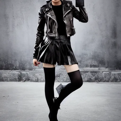 Image similar to a dynamic, epic cinematic 8K HD movie shot of a japanese beautiful cute young J-Pop idol actress yakuza rock star girl wearing leather jacket, miniskirt, nylon tights, high heels boots, gloves and jewelry. Motion, VFX, Inspirational arthouse, at Behance, with Instagram filters