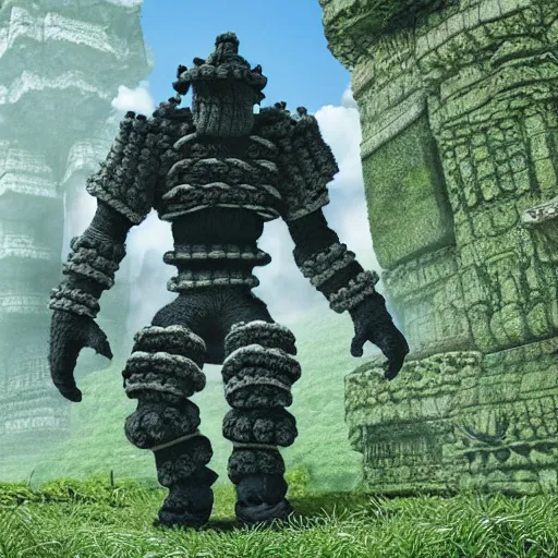 Prompt: ultra wide, amigurumi shadow of the colossus screenshot