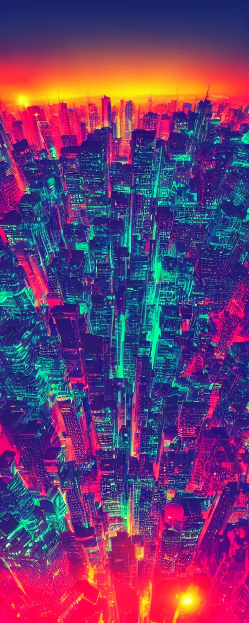 Prompt: night city, neon lights, glow, retrowave style, sunset