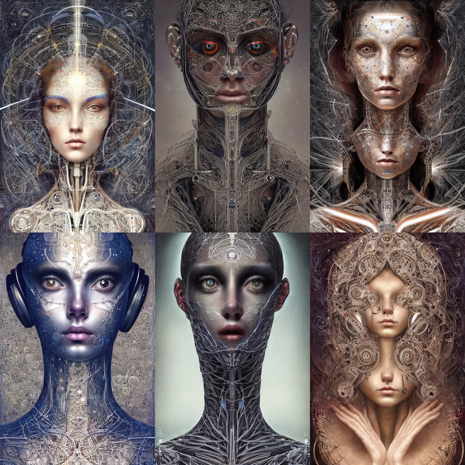 Prompt: humanoid robot, listening to godly music, trance, highly detailed, expressive eyes, beautiful symmetric body, perfect proportions, highly intricate, art by tom bagshaw and alex gray