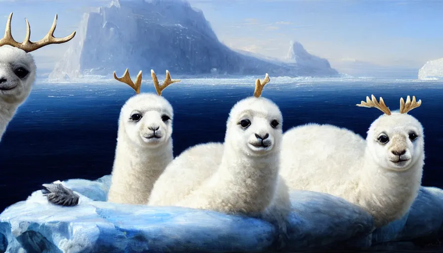 Image similar to highly detailed painting of cute furry white baby seal alpacas with big furry antlers cuddling into each other on a blue and white iceberg by william turner, by greg rutkowski, by william constable, thick brush strokes and visible paint layers, 4 k resolution