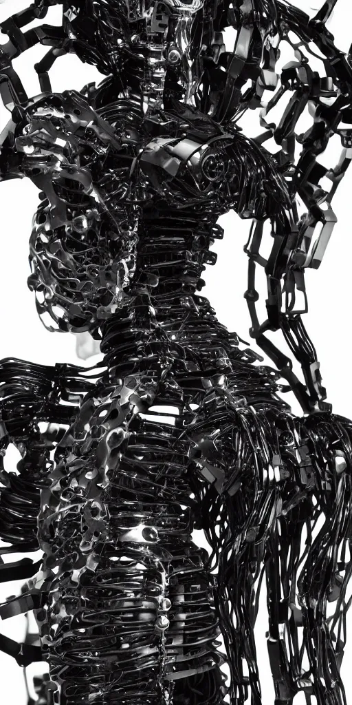 Prompt: beautiful cybernetic android cranium closeup + spinal cord cables, exoskeleton hydraulic valves, rectilinear robotic muscular transmission derailleur with curvy muscular front view neck muscles in the black crystal cube, cinematic photo, by vitaly bulgarov