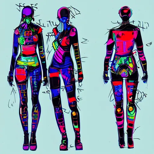 Prompt: cyberpunk outfit, fashion illustration, full body, character sheet, sketch, vivid colour, artistic, rough paper