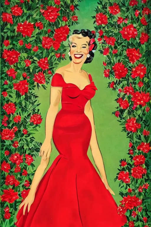 Image similar to a full view portrait of a beautifull woman, wearing a red dress,with a beautifull smile,a garden background.in american style pin up.anatomically correct