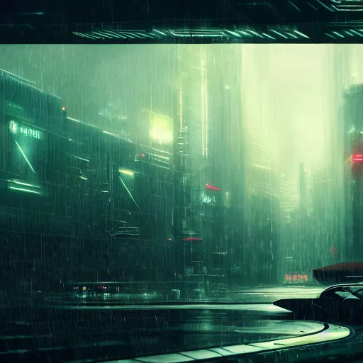 Prompt: rain, giant futuristic cyberpunk spaceship with small character silhouette in the foreground, blade runner, dense fog, bloom, cinematic contrasted lighting, ultra detailed, trending on artstation