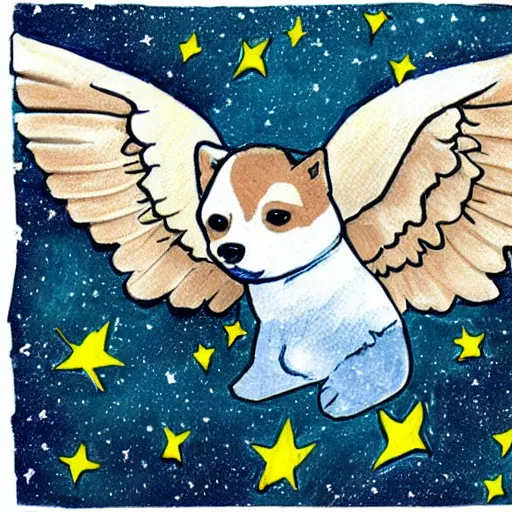 Image similar to corgi with [ angelic wings ]!!, [ flying like a superhero ]!! in the [ night sky ]!! where the stars are visibly perceptible, [ illustration via a child ]!!