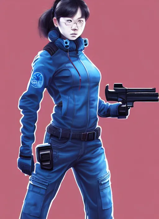 Prompt: full body portrait of a blue techwear uniform girl with guns. detailed face, concept art, digital art, intricate, highly detailed 8 k, smooth, sharp focus, beautiful and aesthetic shape of face and body, artgerm, artstation, art by zexi guo and nira and kafun and gharliera and rinotuna