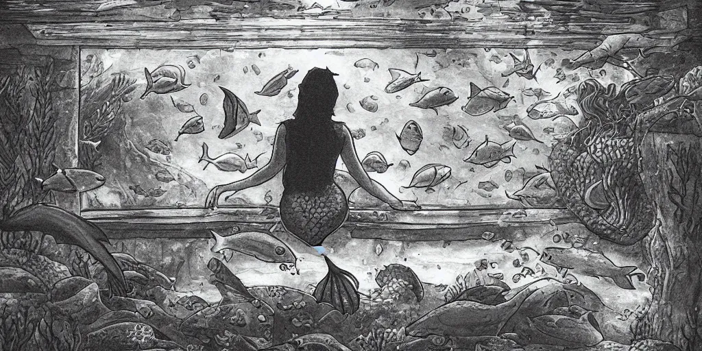 Prompt: A mermaid in an aquarium looking out at a crowd, moody, lonely