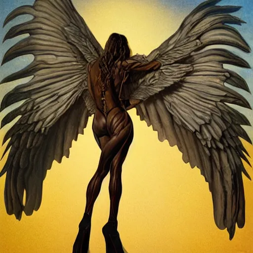 Prompt: portrait of a woman with long, muscular legs, short torso, and wings, by Gerald Brom