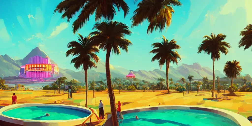 Prompt: a casino over the top of a hill with palmtrees, brightly illuminated by rays of sun, artstation, colorful sylvain sarrailh illustration