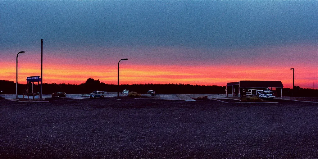 Image similar to a lonely port byron travel plaza in the middle of nowhere, sunset, eerie vibe, leica, 2 4 mm lens, cinematic screenshot from the 2 0 0 1 film directed by charlie kaufman, kodak color film stock, f / 2 2, 2 4 mm wide angle anamorphic