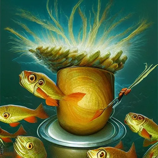 Image similar to surprised fish on a pile of fish in a cooking pot on fire, side view, by vladimir kush, dystopian art, rococo