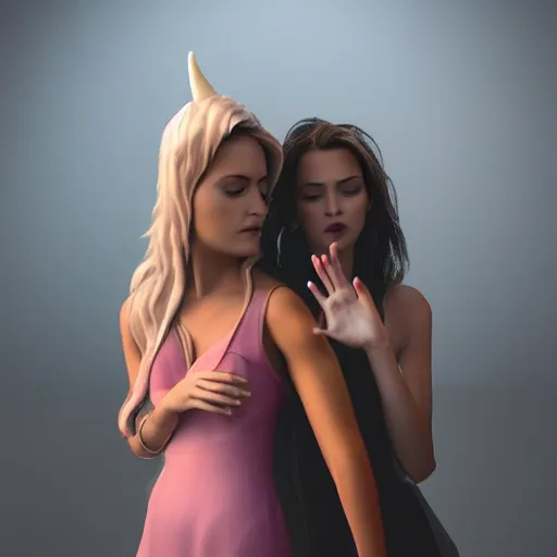 Prompt: devil woman and angel woman holding hands, hyper realistic, volumetric lighting, photo realistic