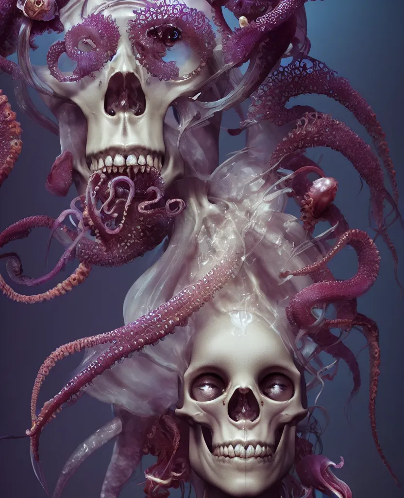 Prompt: goddess close - up portrait human skeleton, ram skull, squid phoenix jellyfish, orchid, betta fish, bioluminiscent, intricate artwork by tooth wu and wlop and beeple. octane render, trending on artstation, greg rutkowski very coherent symmetrical artwork. cinematic, hyper realism, high detail, octane render, 8 k