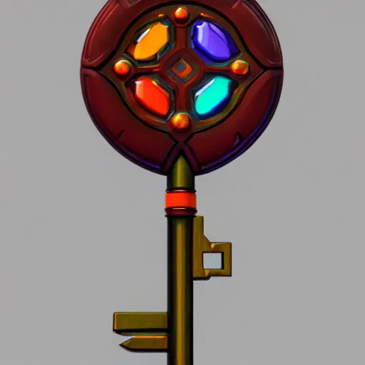 Image similar to a stylised colorful metal key, key is on the center, rpg game inventory item, rim light, outer glow, on the white background, high poly vray, stylised textures, trending on artstation
