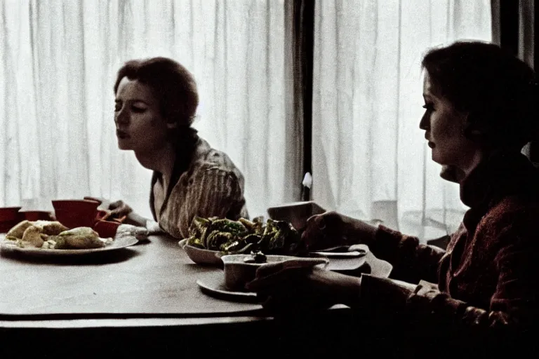 Image similar to soviet movie still a soviet woman sitting at a table next to the window with food, dark warm light, a character portrait by margarita terekhova, movie stalker solaris film still by andrei tarkovsky, 8 k, 1 9 8 4, close - up bokeh, gelios lens, color, noir