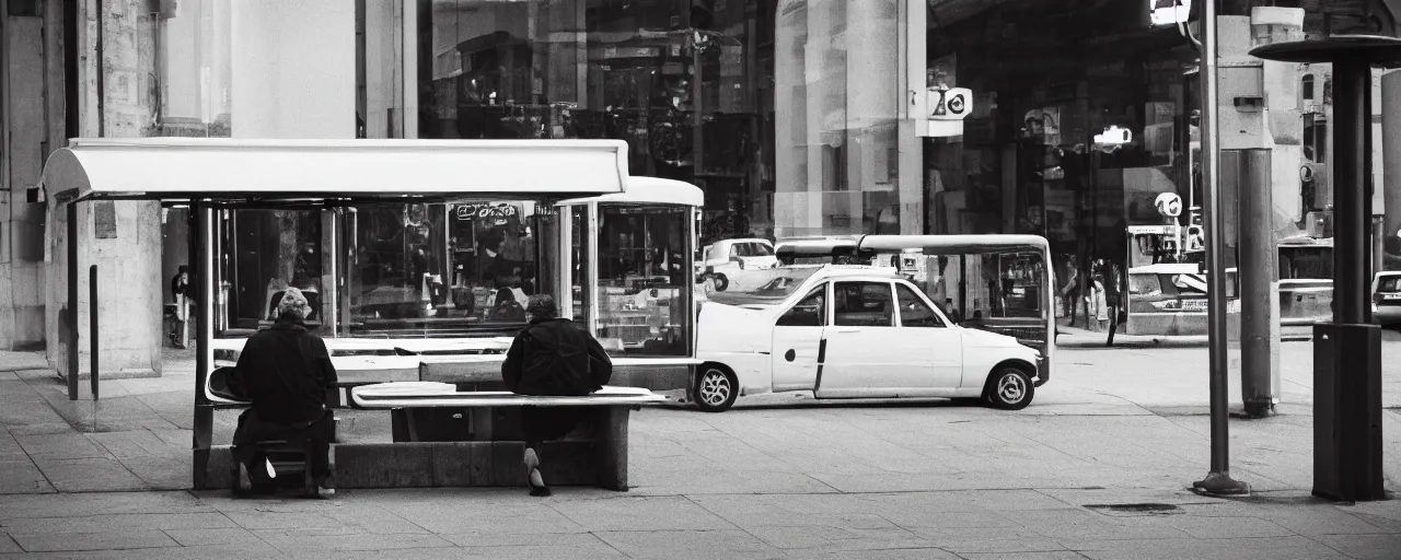 Prompt: a sentient slice of pizza waiting at a bus stop, canon 5 0 mm, cinematic lighting, photography, retro, film, kodachrome