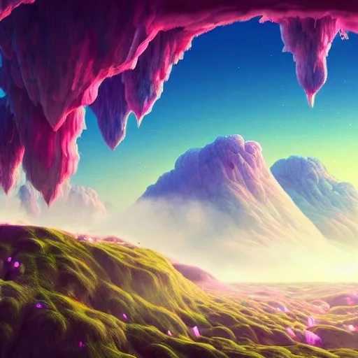 Image similar to a psychedelic realm with rolling plains made out of clouds, mountains made out of icebergs, and plant life made out of cotton candy, in the style of wlop and namek, illustration, epic, fantasy, hyper detailed, smooth, unreal engine, sharp focus, ray tracing