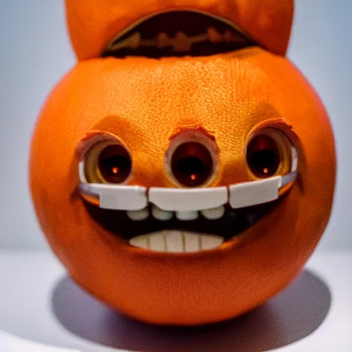 Image similar to a taxidermized annoying orange. in a museum. 8 5 mm lens. 7 0 mm entrance pupil diameter