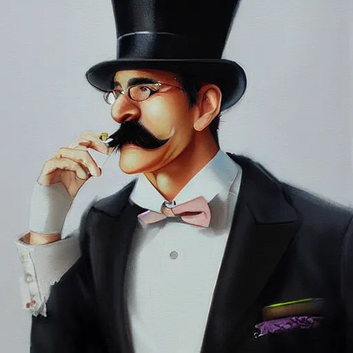 Image similar to luigi wearing a top hat, painted by wlop, artgerm