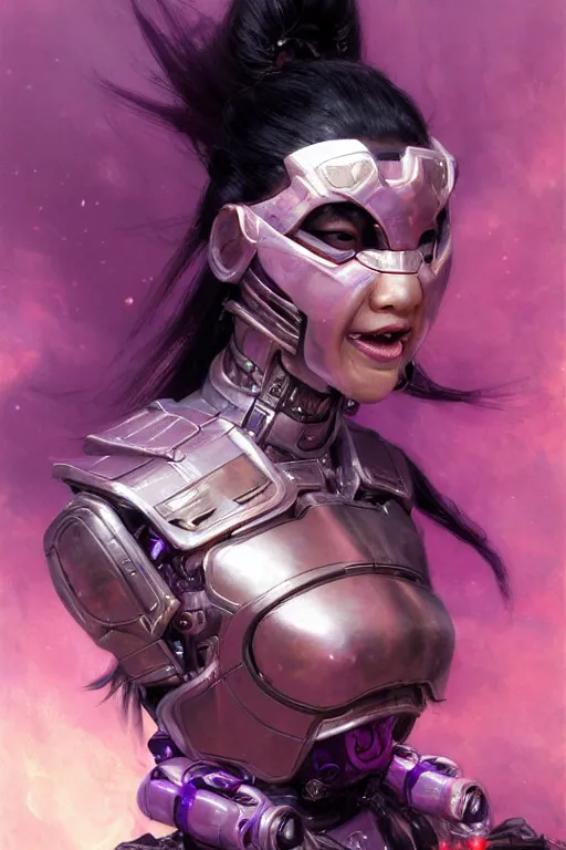 Image similar to extreme close up, facial portrait, half - chinese woman with a long black ponytail in purple sci - fi armor, wearing a kitsune mask, mechanical armor, cybernetic hands, striking pose, portrait dnd, painting by gaston bussiere, craig mullins, greg rutkowski, yoji shinkawa