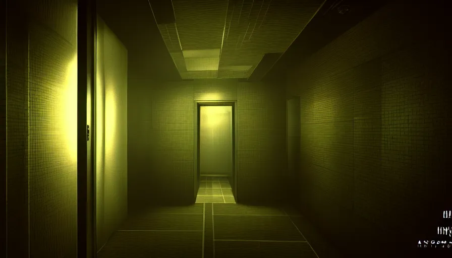 Image similar to Creepy Elevator, Volumetric Lighting, Anamorpic Lens, Cinematic Lighting, Hyperrealistic Rendering, Hyperdetailed, Intricate Details, Dynamic Lights, Raytracing