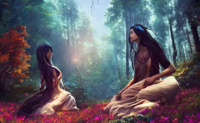 Image similar to beautiful Himalayan woman, sci-fi tibetan fashion, brown very very long hair, somber, scene of a summer forest with glowing blue lillies, dramatic light, wide angle, dramatic pose, dramatic angle , 8k hdr pixiv by Makoto Shinkai and Wojtek Fus