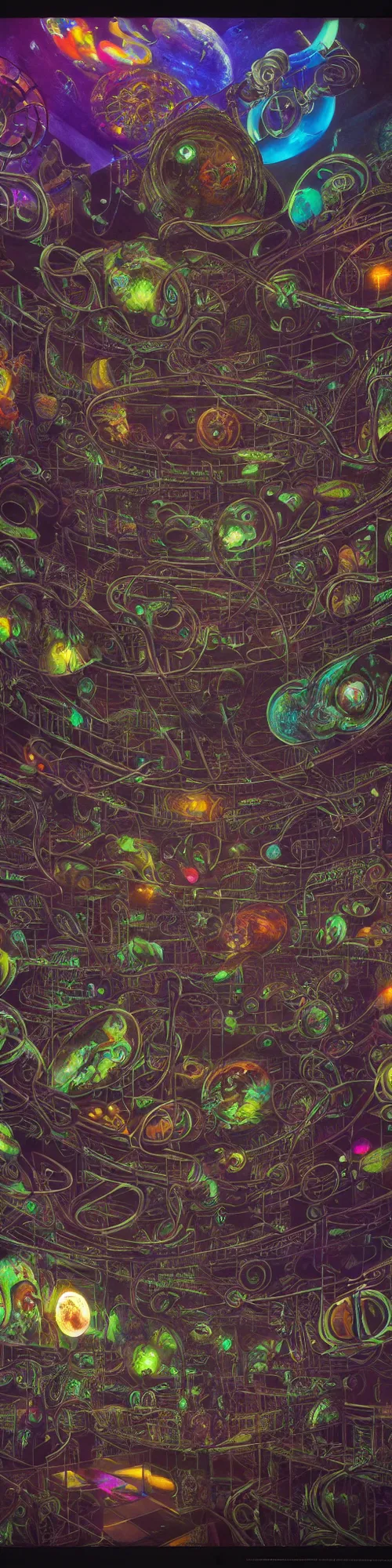 Prompt: epic mural of bio mechanical game console being made from the souls of dying star systems, zoo of alien animals floating, persian patterns, loose wires, rgb tubing ripped, greg rutkowski, basil wolverton, hr giger, cubism, muted but vibrant color pallet