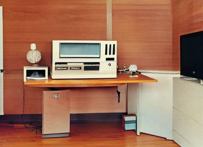 Prompt: 1 9 8 0 s living room with wood panel walls with apple iie computer in the corner on a roll - top desk and television on top